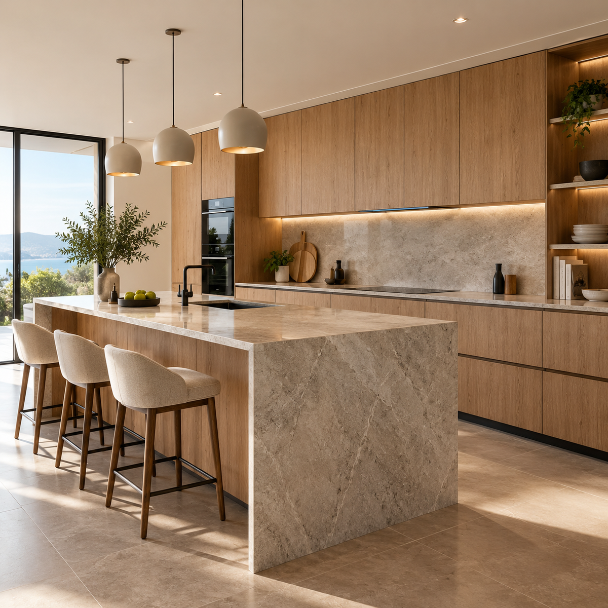 Küche mit warmen Holzfronten, Kücheninsel in Steinoptik und beleuchteten Regalen – Designinspiration