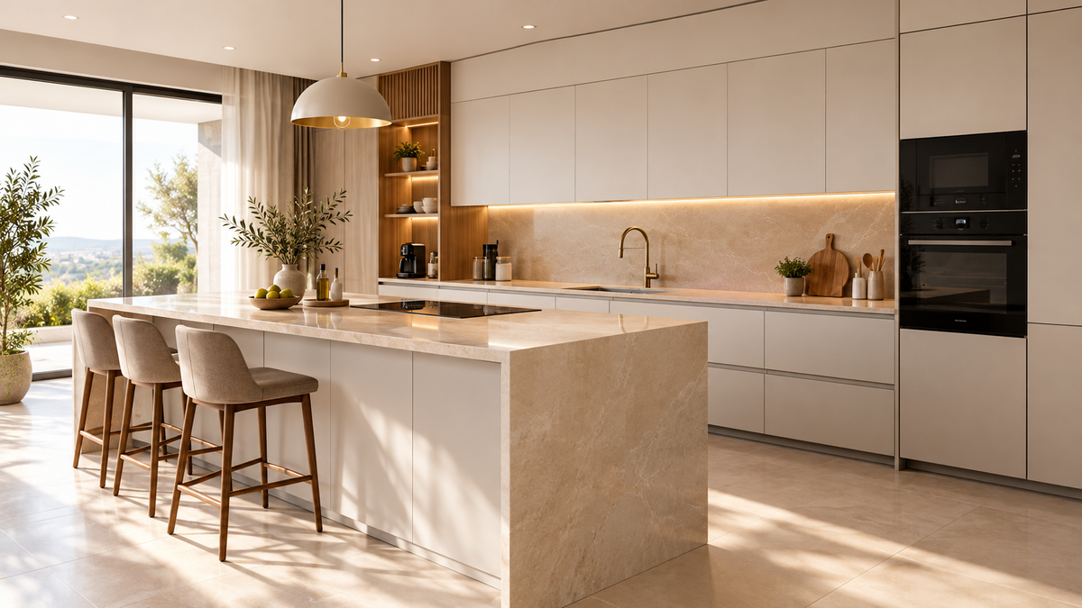 Helle, grifflose Küche mit cremefarbenen Fronten und Kücheninsel in heller Steinoptik – Designinspiration