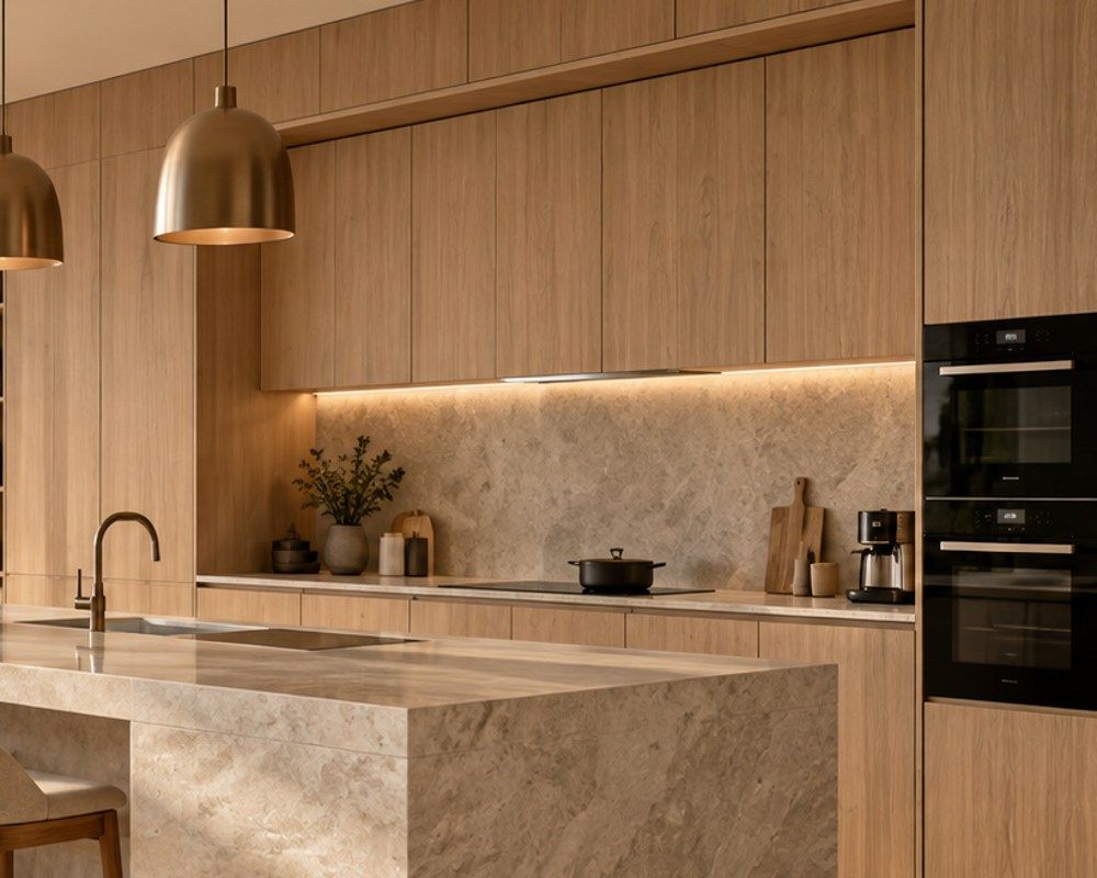 Grifflose Holzfronten mit Steinrückwand und indirekter Beleuchtung – Designinspiration