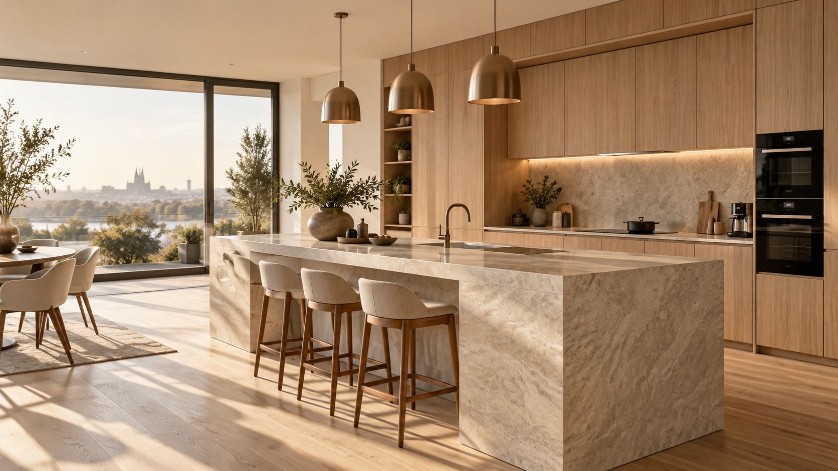 Helle, individuell geplante Küche mit Kücheninsel in Steinoptik, Holzfronten und Pendelleuchten – Designinspiration
