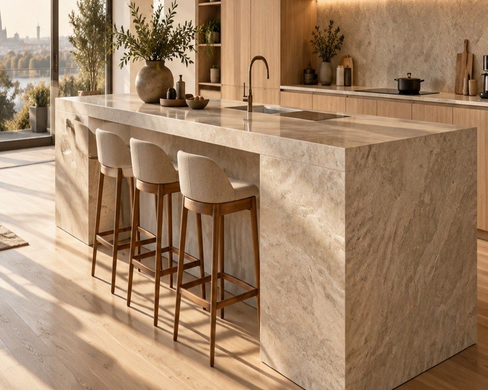 Kücheninsel in Steinoptik mit Barhockern – Designinspiration