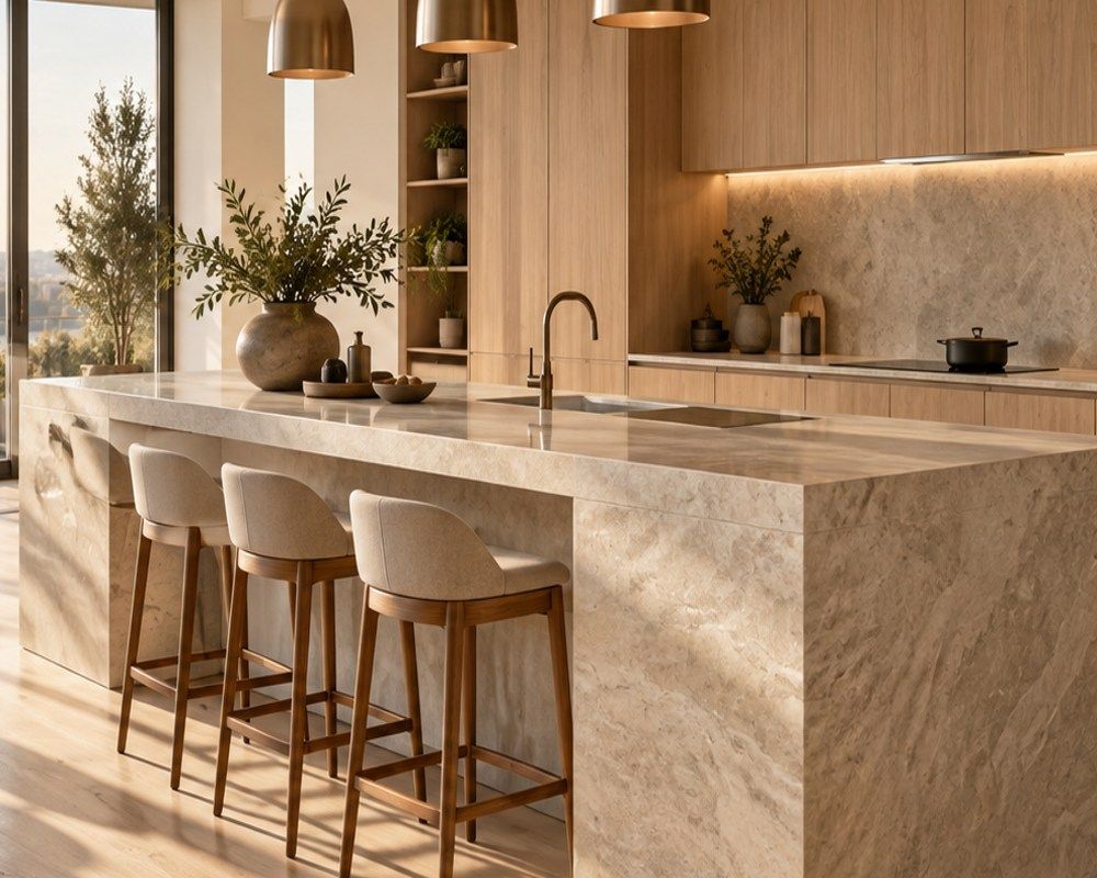 Arbeitsfläche und Rückwand in Steinoptik mit Holzregalen – Designinspiration