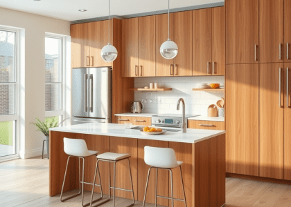 Alt text: "Rustic farmhouse kitchen featuring wooden cabinets, white countertops, and two stools at the island, showcasing old-time kitchen ideas and modern farmhouse design elements."