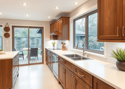Minimalist kitchen featuring white countertops and wooden cabinets next to a large sliding glass door, showcasing Japandi style design with hardwood flooring and modern minimalist aesthetics.