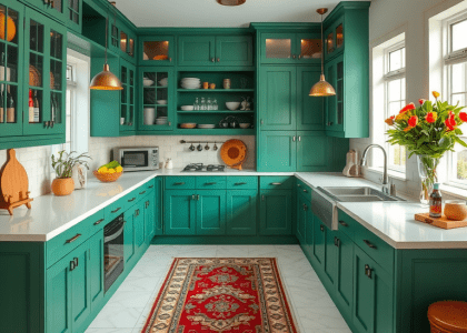 A bright kitchen featuring an arrangement of green cabinets and pristine white countertops, complemented by a cozy rug on the floor, showcasing various styles including sage green and boho aesthetics.