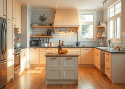 Large kitchen featuring a central island with a stove top, spacious countertops, an oven, and a gas stove, ideal for cabin kitchen design ideas.