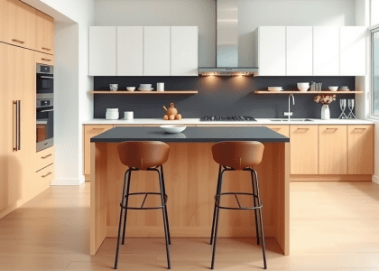 Modern kitchen featuring a stylish island with two bar stools, showcasing contemporary design elements, ideal for minimalist and apartment interiors.