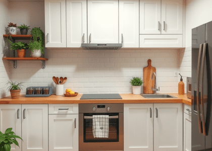 Modern kitchen design featuring white cabinets, wooden countertops, and potted plants on the shelves, showcasing a simple and stylish kitchen interior.