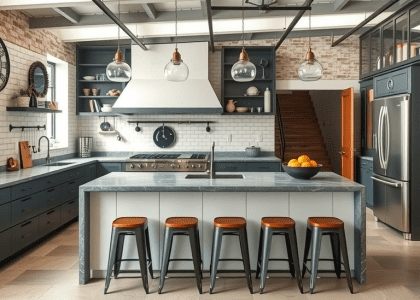 Alt text: "Luxury industrial kitchen featuring ample counter space, metal stools in front of a central island, rustic industrial shelves, and a chic black aesthetic."