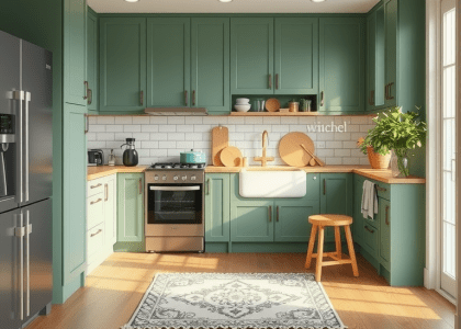 Alt text: "Cozy farmhouse kitchen featuring green cabinets, wooden floors, and a stylish rug, perfect for country-style home inspiration in New England."