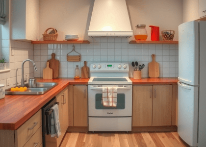 Clean and cozy Scandinavian kitchen featuring a minimalist design, organized pantry, interior plants, and ready-for-use appliances for cooking.