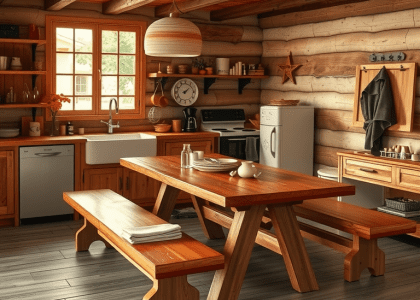 Alt text for rustic kitchen featuring a wooden table and benches in a cozy small guest cabin with dark wood interiors, embodying an old cabin aesthetic ideal for a mountain lake home or hunting shack setting.