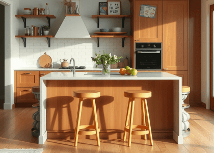 Two stylish stools in front of a minimalist kitchen counter featuring Scandinavian modern design, showcasing a chic white and beige color palette ideal for small kitchen ideas.