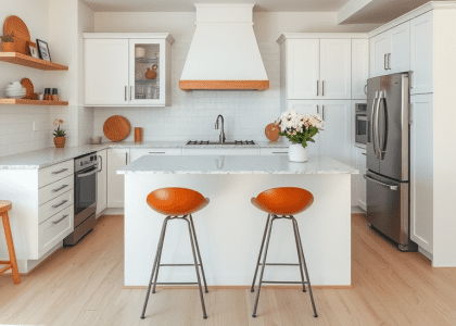Rustic kitchen featuring two stools beside a central island, showcasing rustic countertops and a cozy barn-style design, ideal for cabin kitchens and kitchen redos.