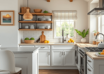 Clean and modern kitchen featuring flat panel cream-colored cabinets, laminate surfaces, and a contemporary white design, perfect for timeless and neutral kitchen aesthetics.