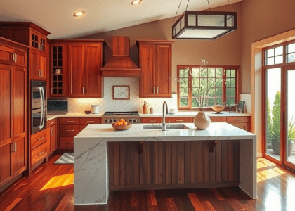 Alt text: "Spacious kitchen featuring an island with butcher block countertop, rustic wooden floors, and stylish decor ideas for farmhouse and modern kitchen designs."
