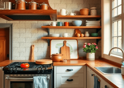 Alt text: "Spacious country style kitchen featuring ample countertop space, wooden shelves, and a stove top oven, showcasing rustic farm style decor and cozy modern kitchen ideas for home renovation inspiration."