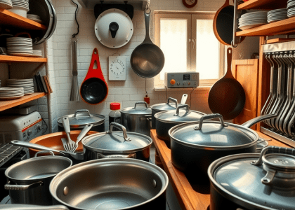 Alt text: "Dark green boho kitchen filled with pots and pans, featuring vibrant green cabinets and stylish decor, perfect for kitchen inspiration and dream home aesthetics."