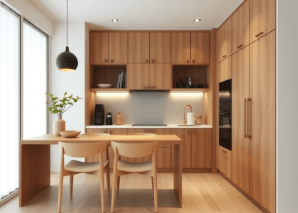 Alt text: "Scandinavian and Japandi kitchen design featuring elegant wood elements, modern aesthetics, and stylish pantry decor, showcasing a blend of functionality and minimalist beauty."