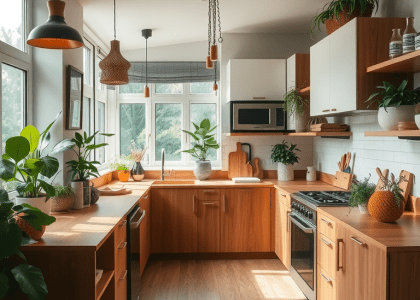 Indoor kitchen featuring lush plants and Solarpunk decor, showcasing eco-futurism and organic architecture concepts, blending nature with sustainable design.