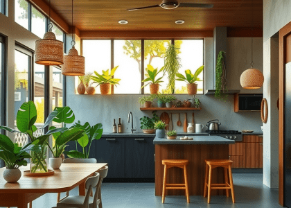 "Modern tropical kitchen design featuring a vibrant vertical garden, illuminated by natural light and bamboo pendants, capturing the lushness of a Costa Rican rainforest in sleek, boho style."