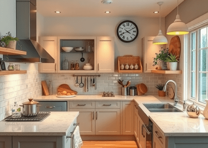 Alt text: "A beautifully designed small Victorian kitchen featuring ample countertop space, dark cabinets, and elegant Baroque elements, showcasing a modern yet classic aesthetic with kitchen island seating, ideal for cottage core and posh apartment styles."