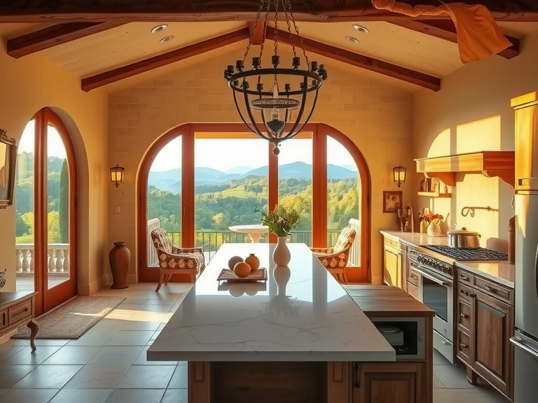 Contemporary French country kitchen featuring a striking marble-topped island, vintage chandeliers, rustic wooden beams, and large arched French doors revealing lush garden views, bathed in golden hour light, ideal for showcasing the blend of luxury and rustic charm.