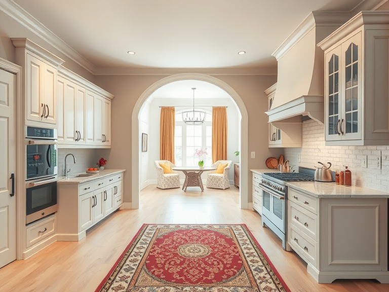 Large vintage Parisian kitchen featuring white cabinets and an arched doorway leading to the dining room, showcasing elegant Hausmann interior design and modern Parisian style in a charming old Paris apartment.