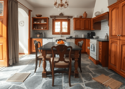 Alt text: "Rustic farmhouse kitchen featuring an old-fashioned distressed table and chairs surrounded by stone flooring, inspired by French country design."