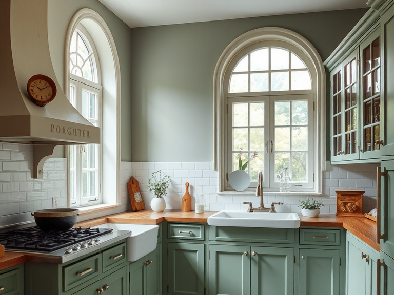 A beautifully designed kitchen featuring green cabinets and an elegant arched window, providing natural light and a stylish ambiance.