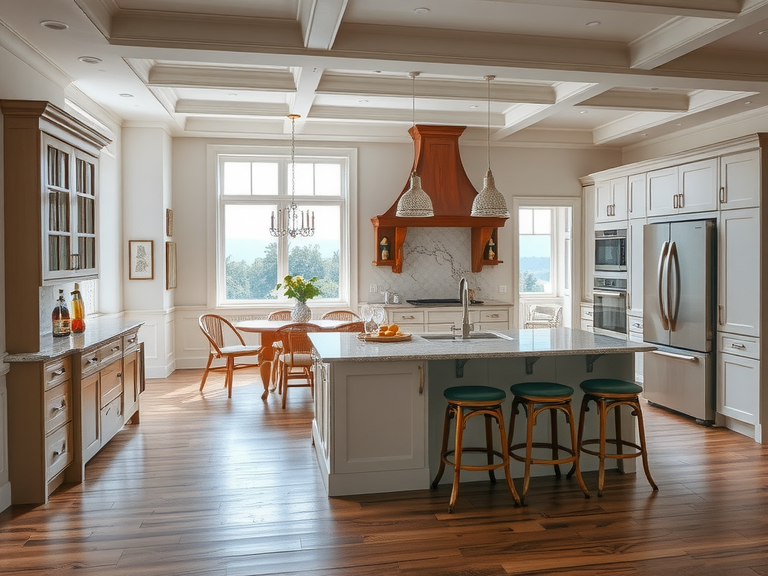 Large kitchen featuring a blue-green and white color scheme, with a sage green kitchen island surrounded by numerous stools, complemented by white cabinets, creating a stylish Victorian country-style ambiance.