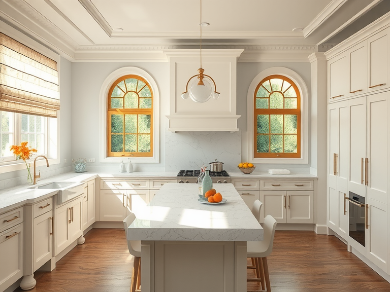 Large French Mediterranean kitchen featuring white cabinets with gold trim on the windows, elegant wooden flooring, and French doors, embodying a stylish blend of French country and modern design elements.