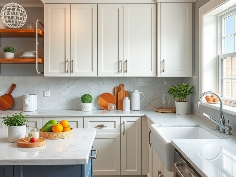 Alt text: "Spacious farmhouse apartment kitchen featuring ample countertop space, a white sink beneath a window, and charming interior design elements suitable for a dream property kitchen redesign."