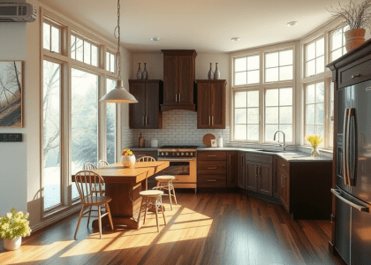 A bright and airy kitchen featuring wooden floors and numerous windows, showcasing a nature-friendly aesthetic with earthy tones, rustic design elements, and a solarpunk vibe, perfect for an eco-conscious home.