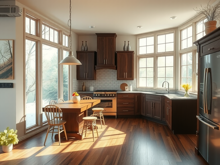 A bright and airy kitchen featuring wooden floors and numerous windows, showcasing a nature-friendly aesthetic with earthy tones, rustic design elements, and a solarpunk vibe, perfect for an eco-conscious home.
