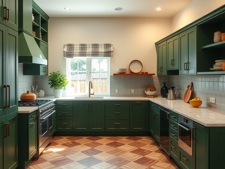Kitchen with green cabinets and ample countertop space beside a window, showcasing a vibrant and spacious cooking area.