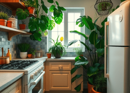 Alt text: "A vibrant kitchen filled with lush green plants, featuring a stove top oven and refrigerator, adorned with green kitchen panels and a stylish brick wall, creating a nature-themed, earthy decor aesthetic."
