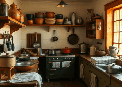 "Authentic Victorian kitchen from the 1890s featuring an array of pots and pans, showcasing Victorian farmhouse decor and interior design elements typical of the era, ideal for Sims kitchen ideas and inspiration."