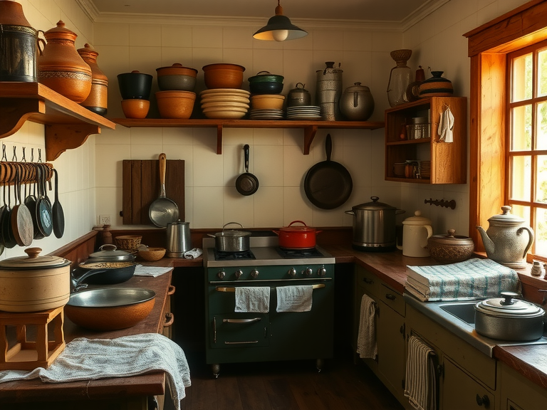 "Authentic Victorian kitchen from the 1890s featuring an array of pots and pans, showcasing Victorian farmhouse decor and interior design elements typical of the era, ideal for Sims kitchen ideas and inspiration."