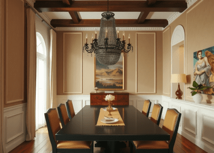 Alt text: "Elegant dining room featuring a stylish table and chairs, adorned with a stunning chandelier, showcasing European eat-in kitchen design in a grand home setting, with farmhouse details and sunroom kitchen elements perfect for new home kitchen ideas."