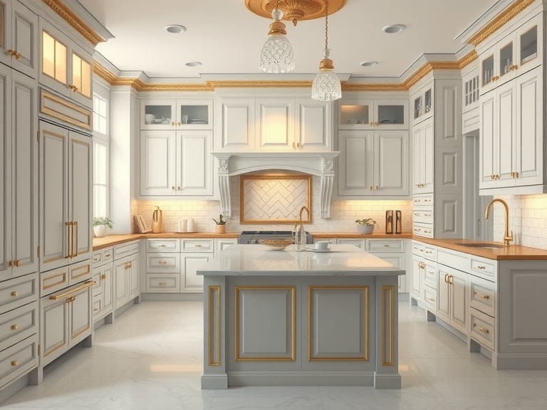 A spacious kitchen featuring elegant white cabinets with gold trimmings on the countertops, showcasing a stylish double island design in a French country style, blending traditional and modern elements for a contemporary yet classic look.