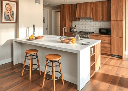 A cozy farmhouse kitchen featuring a spacious island with wooden countertop and stools, surrounded by warm wooden flooring, embodying cabin style and country charm.
