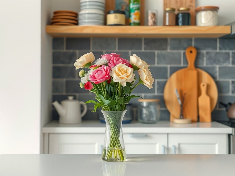 Elegant kitchen counter adorned with a vase of flowers and various decorative items on the shelf above, showcasing "Casa Vintage" style and inspiring dream home decor ideas for a beautiful kitchen design.
