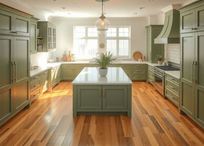 Alt text: "Spacious farmhouse kitchen featuring wooden floors and vibrant green cabinets, with a central island adorned with a potted plant, exemplifying dream kitchen design and future home ideas."