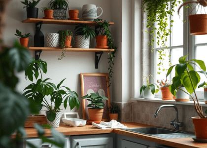 Bright open kitchen showcasing wooden shelves filled with potted plants, next to a window, featuring rustic galley design, stylish floating shelves, and a cozy cottage kitchen feel, perfect for kitchen remodel ideas with an island and barn kitchen inspiration.