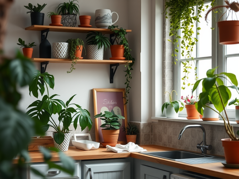 Bright open kitchen showcasing wooden shelves filled with potted plants, next to a window, featuring rustic galley design, stylish floating shelves, and a cozy cottage kitchen feel, perfect for kitchen remodel ideas with an island and barn kitchen inspiration.