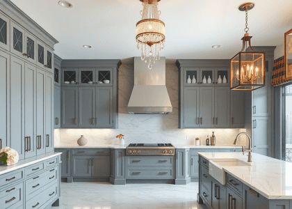 Modern kitchen featuring large gray cabinets and elegant marble countertops, showcasing two chandeliers hanging from the ceiling, ideal for kitchen island decor ideas and contemporary kitchen remodel design.