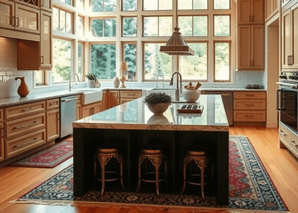 Spacious sunlit kitchen featuring glossy cabinets, a marble island, and high-end appliances, overlooking a lush garden, complemented by warm hardwood floors and a colorful Persian rug, ideal for cooking enthusiasts and interior design lovers.