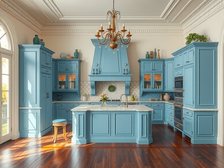 Elegant kitchen featuring blue cabinets and a stylish chandelier, complemented by warm wooden flooring, showcasing modern kitchen design trends and inspiring dream kitchens.