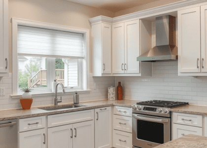 A bright kitchen featuring an abundance of white cabinets and spacious countertops, illuminated by natural light from two large windows, showcasing modern cottage and French farmhouse design elements ideal for 2024 decor inspiration.